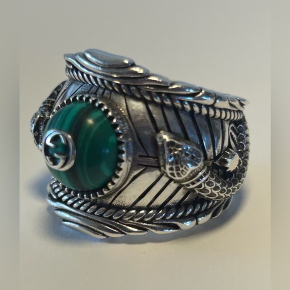 GUCCI Malachite Stone Gucci Garden Snake Tiger Heavy 925 Silver Ring 8.75US RARE - Picture 2 of 12